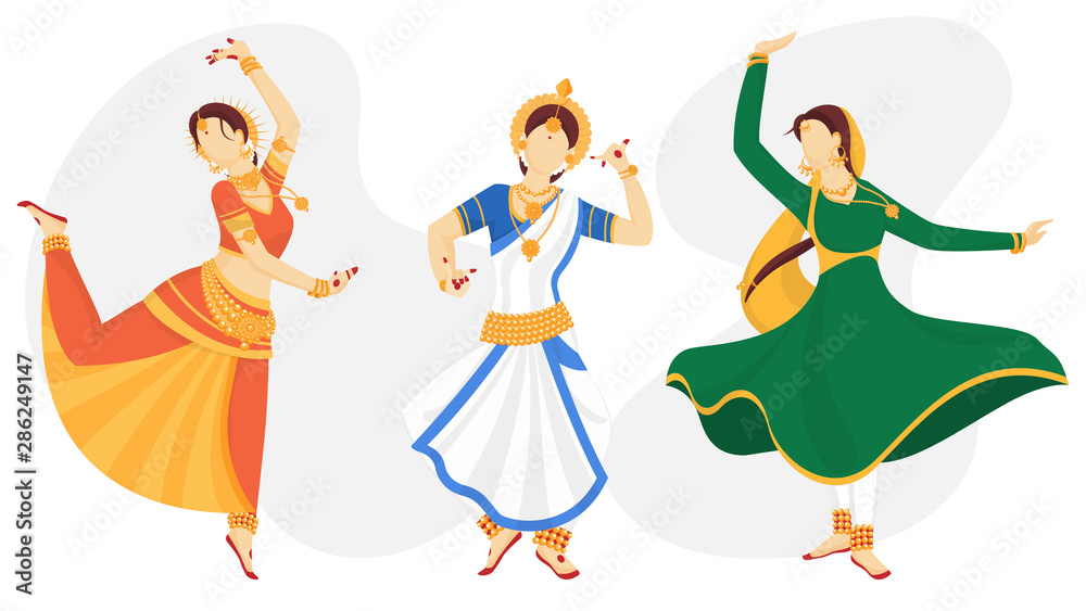Illustration of young beautiful Indian Classical Dancer in different dancing  pose. Stock Vector | Adobe Stock