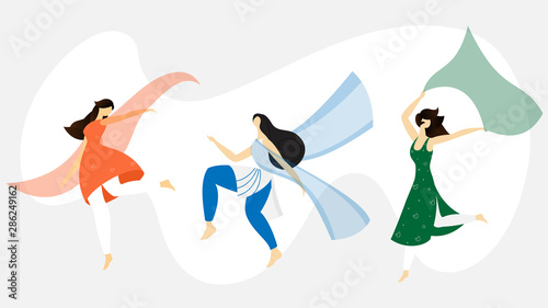 Character of Indian woman dancing in different pose on white background.