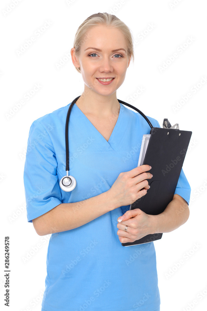 Doctor woman or nurse isolated over white background. Cheerful smiling medical staff representative. Medicine concept Doctor woman or nurse isolated over white background. Cheerful smiling medical staff representative. Medicine concept