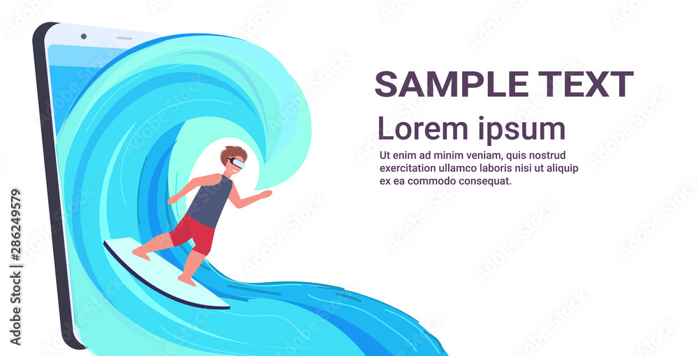 surfer man wearing digital glasses surfing on wave guy on surfboard headset vision virtual reality technology concept smartphone screen online mobile app flat full length horizontal copy space