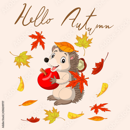 Hello autumn with leaves and cute hedgehog holding red apple