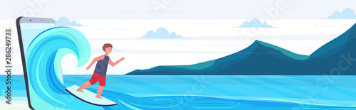 surfer man surfing on wave guy on surfboard summer activities digital technology concept mountains seascape background smartphone screen online mobile app flat full length horizontal