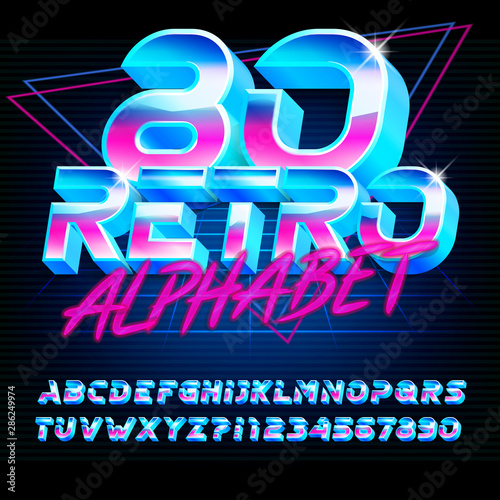 80 Retro alphabet font. Shiny 3D letters and numbers on dark background. Stock vector typeface for your typography in retro 80s style.