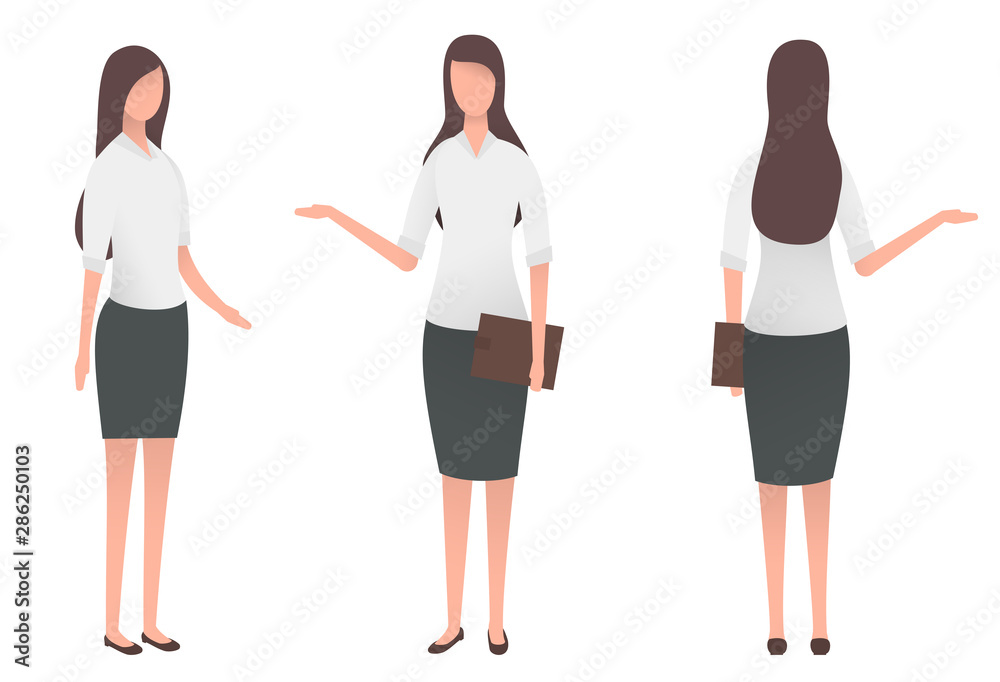 Obraz premium Colorful cartoon business woman, teacher or manager in casual clothes isolated on white background. Front, half side, back view. Modern flat vector illustration.