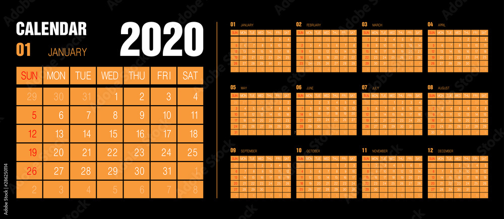 Calendar 2020 Years Vector Set Week Starts On Sunday Vertical 