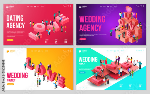 Set of design website, landing page or presentation template for wedding company or dating agency. Minimal modern concept. Isometric vector illustration.