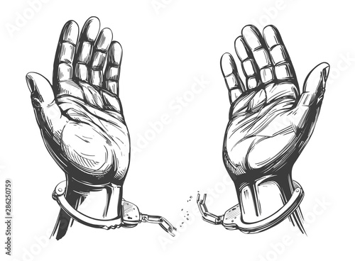 hands break the chain handcuffs, a symbol of freedom and forgiveness icon hand drawn vector illustration sketch