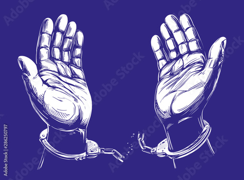 hands break the chain handcuffs, a symbol of freedom and forgiveness icon hand drawn vector illustration sketch