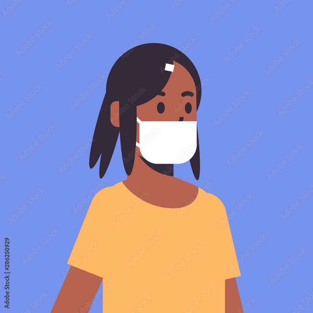woman wearing face mask environmental industrial smog dust toxic air pollution and virus protection concept african american female cartoon character portrait flat