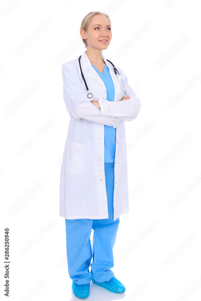 Doctor woman or nurse isolated over white background. Cheerful smiling medical staff representative. Medicine concept Doctor woman or nurse isolated over white background. Cheerful smiling medical staff representative. Medicine concept