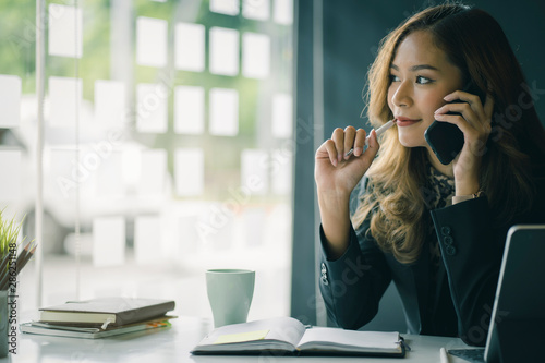 Portrait of beautiful smiling young entrepreneur businesswoman working in modern work station.