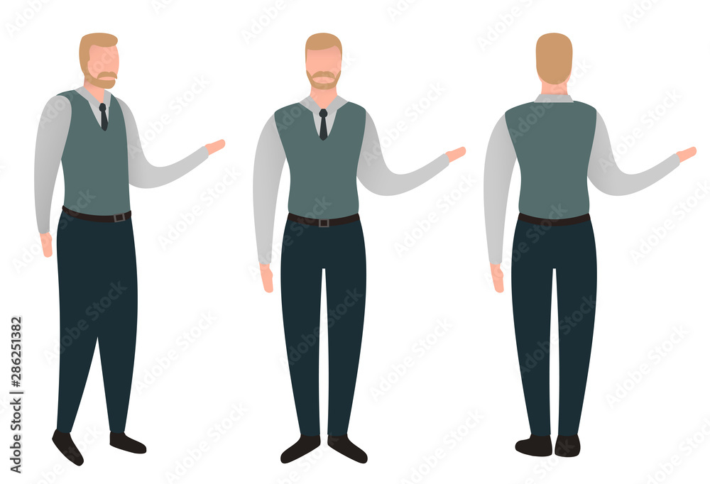 Colorful cartoon businessman, teacher or manager in casual clothes. Front, half side, back view. Modern flat vector illustration.