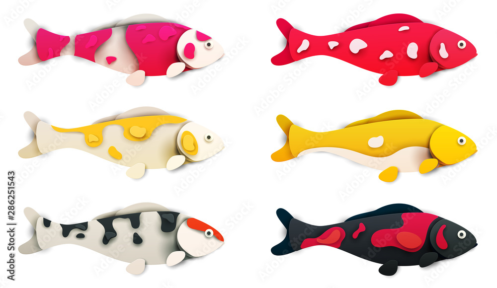 Cartoon koi fish in trendy paper cut craft graphic style isolated on white background. Modern design for advertising, branding greeting card, cover, poster, banner. Vector illustration.