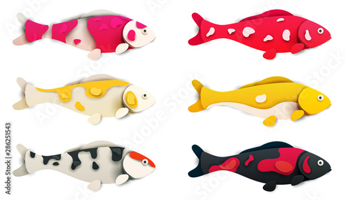 Cartoon koi fish in trendy paper cut craft graphic style isolated on white background. Modern design for advertising, branding greeting card, cover, poster, banner. Vector illustration.