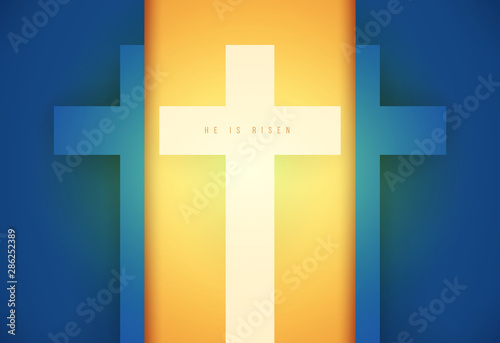 Christian cross in minimal trendy geometric paper cut style. Creative modern religious concept. Colorful vector illustration. Background for greeting card, banner, cover.
