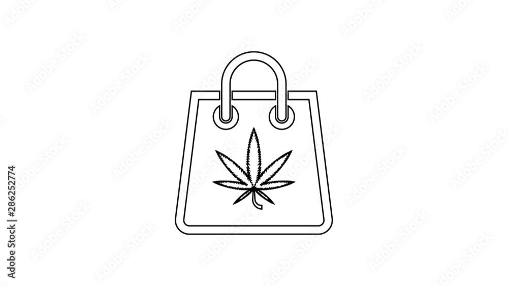 Black Shopping paper bag of medical marijuana or cannabis leaf line icon on white background. Buying cannabis. Hemp symbol. 4K Video motion graphic animation Black Shopping paper bag of medical marijuana or cannabis leaf line icon on white background. Buying cannabis. Hemp symbol. 4K Video motion graphic animation