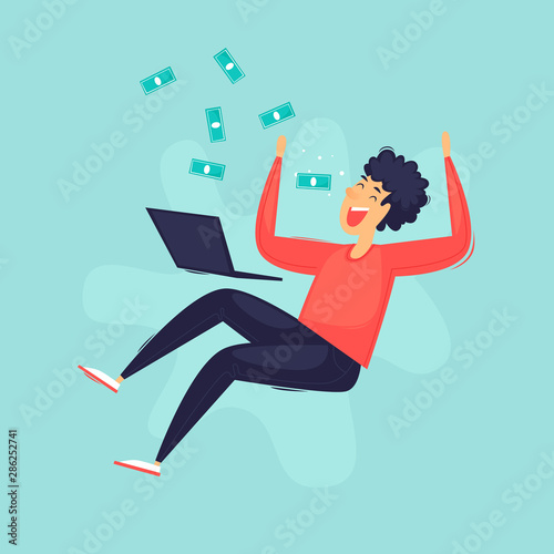 Online business, a man rejoices in money. Flat design vector illustration.