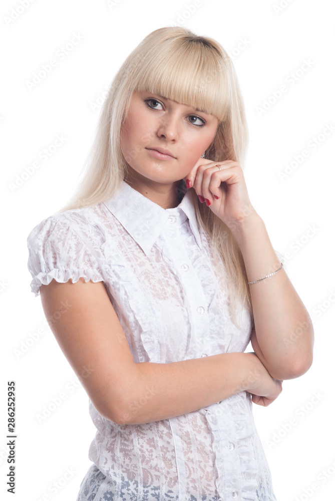 Blond young woman thinking an idea while looking to the side isolated over a white background Blond young woman thinking an idea while looking to the side isolated over a white background