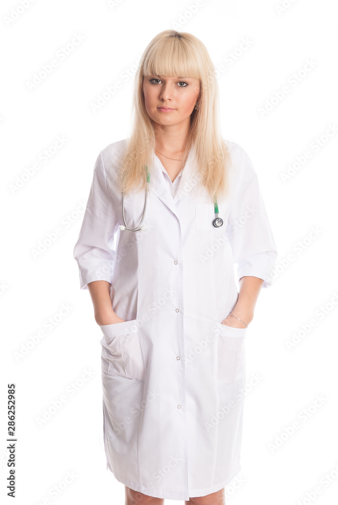 Portrait of a doctor in a white coat with a stethoscope on his hand in his pocket. Portrait of a doctor in a white coat with a stethoscope on his hand in his pocket.