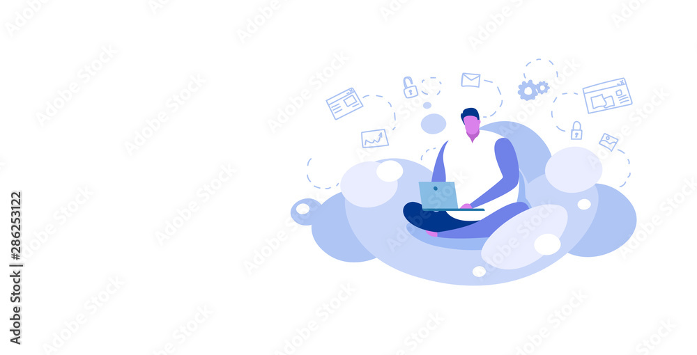 Obraz premium man sitting lotus pose using laptop guy downloading content from cloud server online data synchronization computing technology network concept sketch full length horizontal