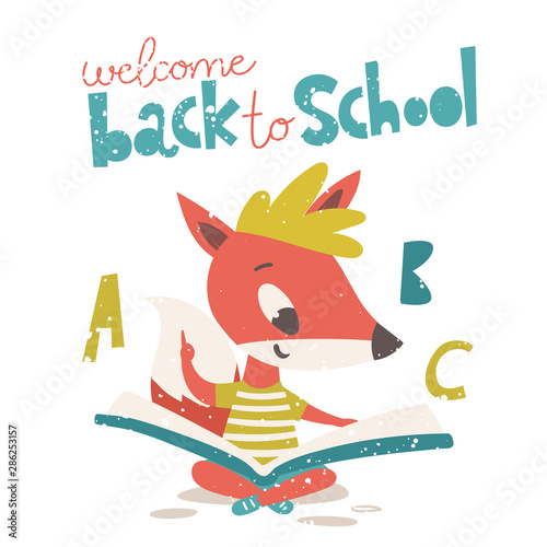 Welcome back to school poster with cute fox character reading a book.