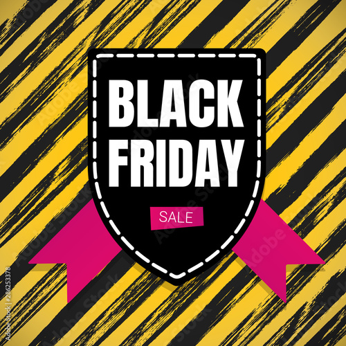 Black friday sale inspiration poster, banner or flyer vector illustration isolated on brush stroke background. Big holiday mega sale with ribbon, label tag and text