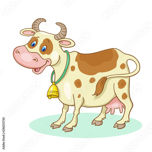 Funny smiling cow stands isolated on a white background. In cartoon style.