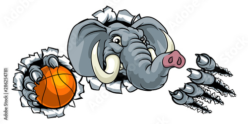 An elephant basketball sports animal mascot holding a ball and breaking through the background