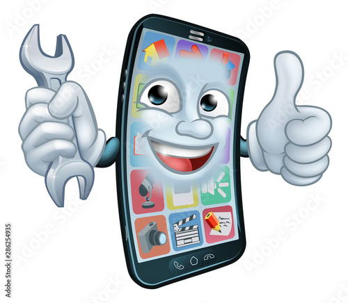 A mobile phone repair service or perhaps plumber or mechanic app cartoon character mascot holding spanner and giving a thumbs up.