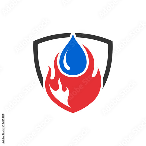 shield logo vector with fire flame and water drop, flat style, modern shield design, firefighter symbol