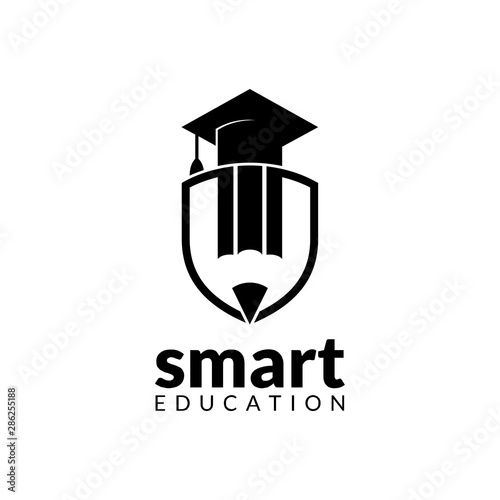 Best School/University/College/Graduate/Campus logo design. Flat Style. Pencil and Graduation Cap in Shield Shape. Education Vector Illustration