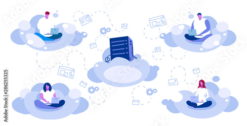 people sitting lotus pose using laptop users downloading content from data center cloud hosting server online synchronization computing technology network concept sketch full length horizontal
