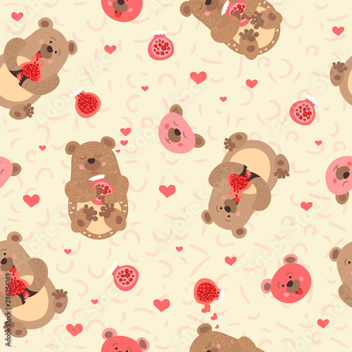 Cute bears with jam. Wild forest animals. Baby design. Seamless pattern.  illustration.