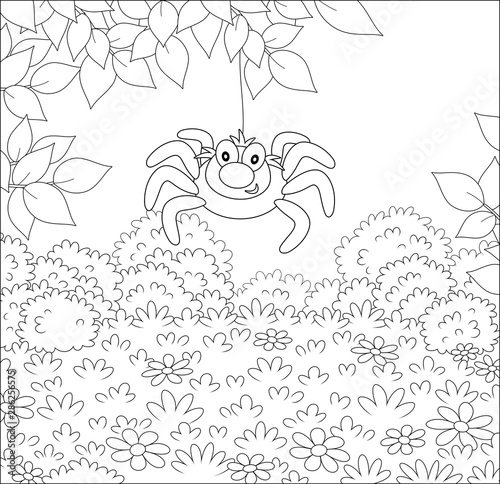 Funny and friendly smiling spider hanging on a tree branch over grass of a glade in a summer forest, black and white vector illustration in a cartoon style for a coloring book