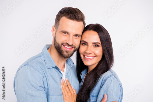 Close-up portrait of his he her she nice-looking adorable shine attractive lovely sweet gentle tender cheerful cheery persons soulmate sweetheart spending time isolated over light white background