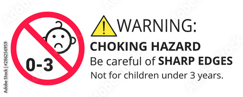 Not suitable for children under 3 years choking hazard forbidden sign sticker isolated on white background vector illustration. Warning triangle and exclamination mark, sharp edges.