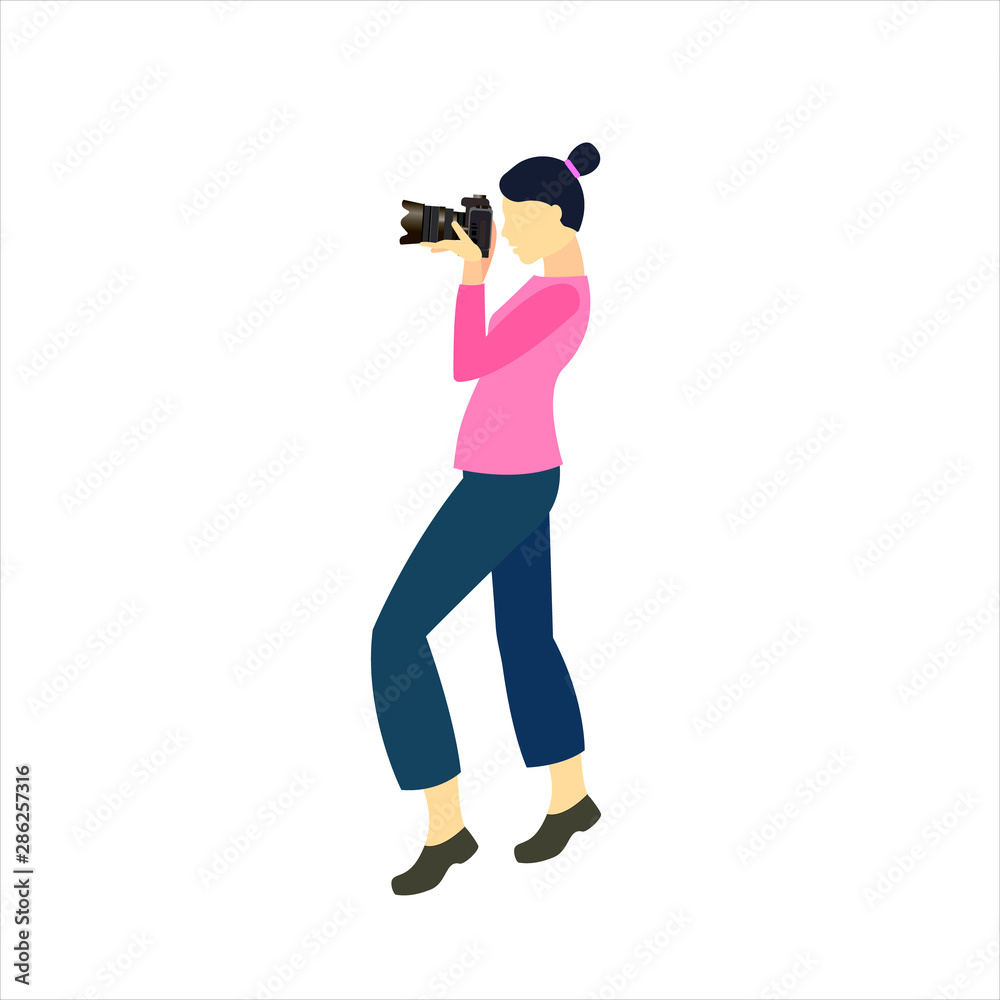 girl takes pictures and shoot in a standing pose using the camera. A character shooting a video on a SLR camera. Photographer takes pictures. Vector illustration Trendy Flat Style Isolated girl takes pictures and shoot in a standing pose using the camera. A character shooting a video on a SLR camera. Photographer takes pictures. Vector illustration Trendy Flat Style Isolated