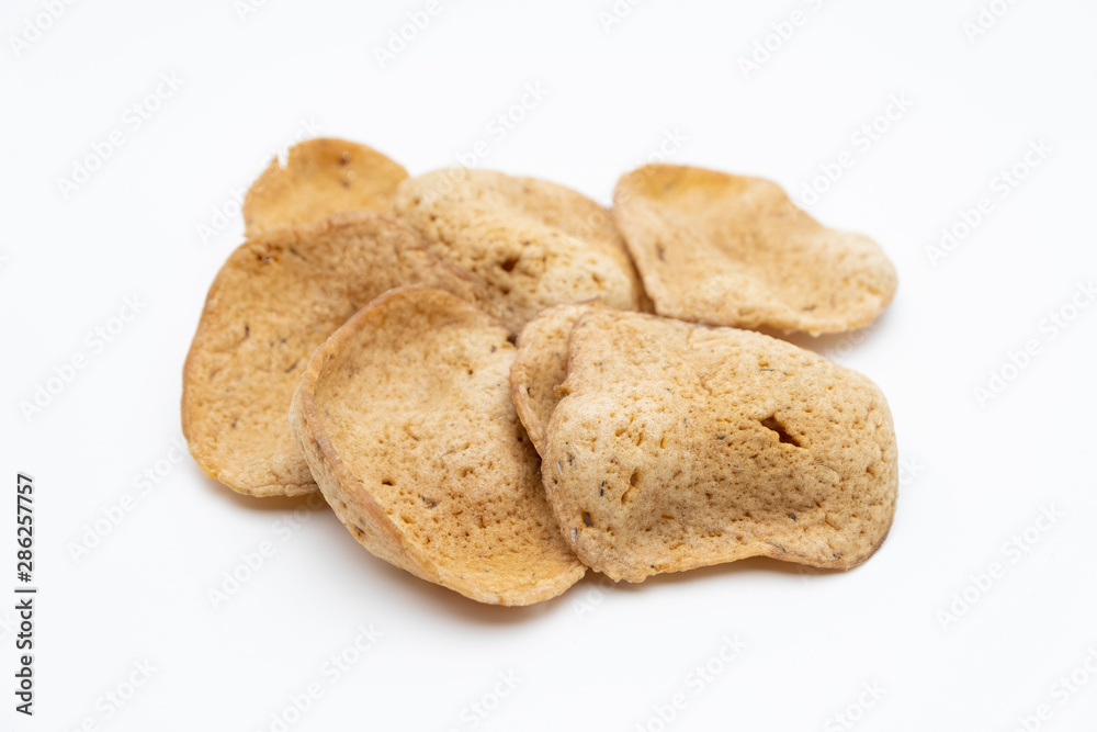 Traditional Thai snack, Rice cracker mix fish meat on white background