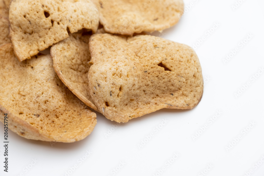 Traditional Thai snack, Rice cracker mix fish meat on white background Traditional Thai snack, Rice cracker mix fish meat on white background