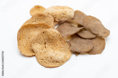 Traditional Thai snack, Rice cracker mix fish meat and raw on white background