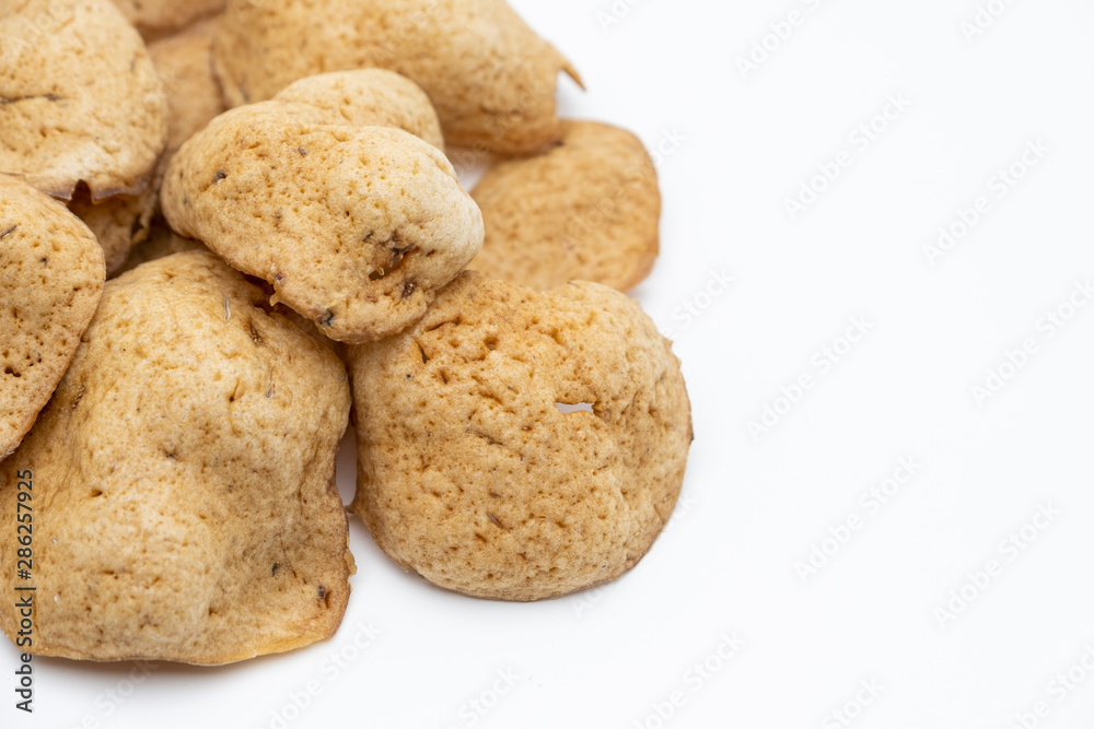 Traditional Thai snack, Rice cracker mix fish meat on white background Traditional Thai snack, Rice cracker mix fish meat on white background