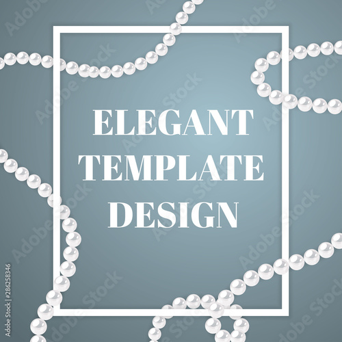 White frame with pearl strings on dark blue background. Elegant design template. Vector template for banner, flyer or wedding invitation. photo