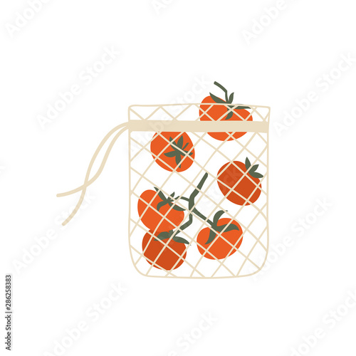 Mesh eco bag full of vegetables isolated on white background. Modern shopper with fresh organic toatoes from local market. Vector illustration in flat cartoon style.