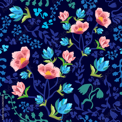 Abstract paisley print with blooming flowers. 