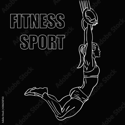 Crossfit Woman on gymnastic rings. Vector Illustration white line on black background.  