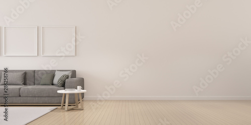 Perspective of modern luxury living room with grey sofa and white blank picture frame, Minimal, Architecture idea of large window system. - 3D rendering. © nuchao