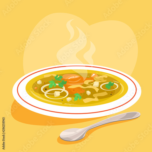 Chicken soup in the plate. Tasty meal and ready dish
