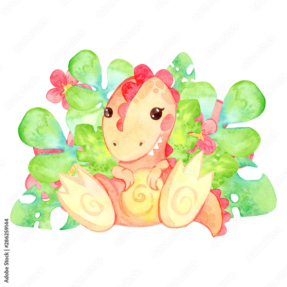 Hand painted dinosaurs isolated on white background. Predator animal of the prehistoric period. Cartoon cute friendly dinosaur. Template with reptile on tropical leaves and flowers.