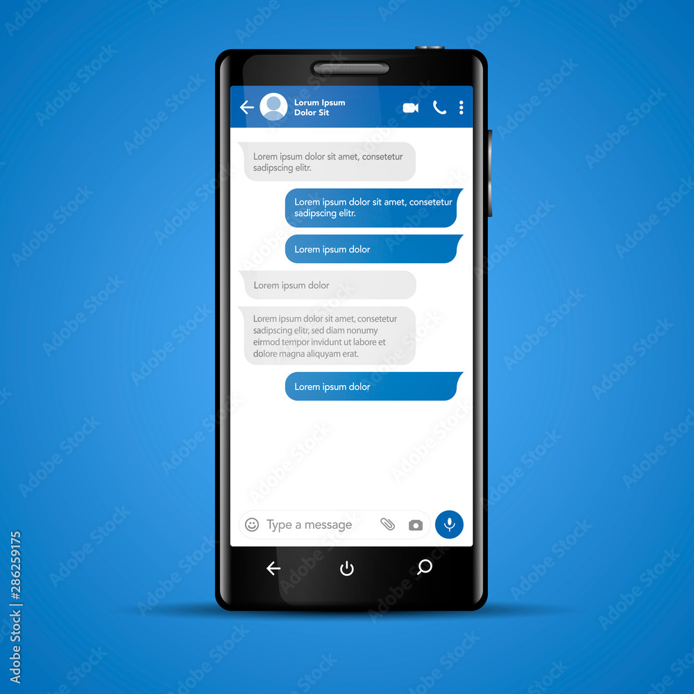 Modern vector mobile phone illustration with chat screen app, messaging template. Social network, chatting and messaging concept Modern vector mobile phone illustration with chat screen app, messaging template. Social network, chatting and messaging concept
