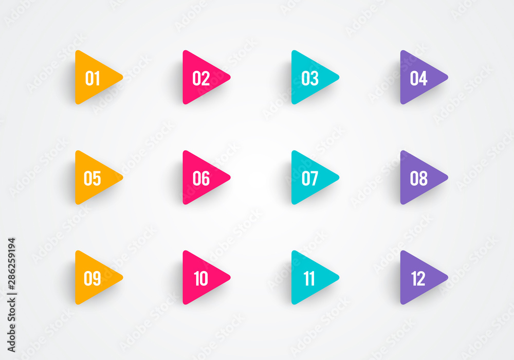 Super set arrow bullet point triangle flags on white background with colorful gradient. Markers with number 1 to 12. Modern vector illustration. Super set arrow bullet point triangle flags on white background with colorful gradient. Markers with number 1 to 12. Modern vector illustration.